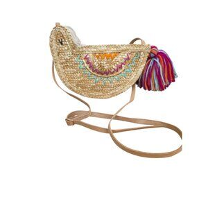Meri Meri Bird Straw Crossbody Bag Leather Adjustable Strap